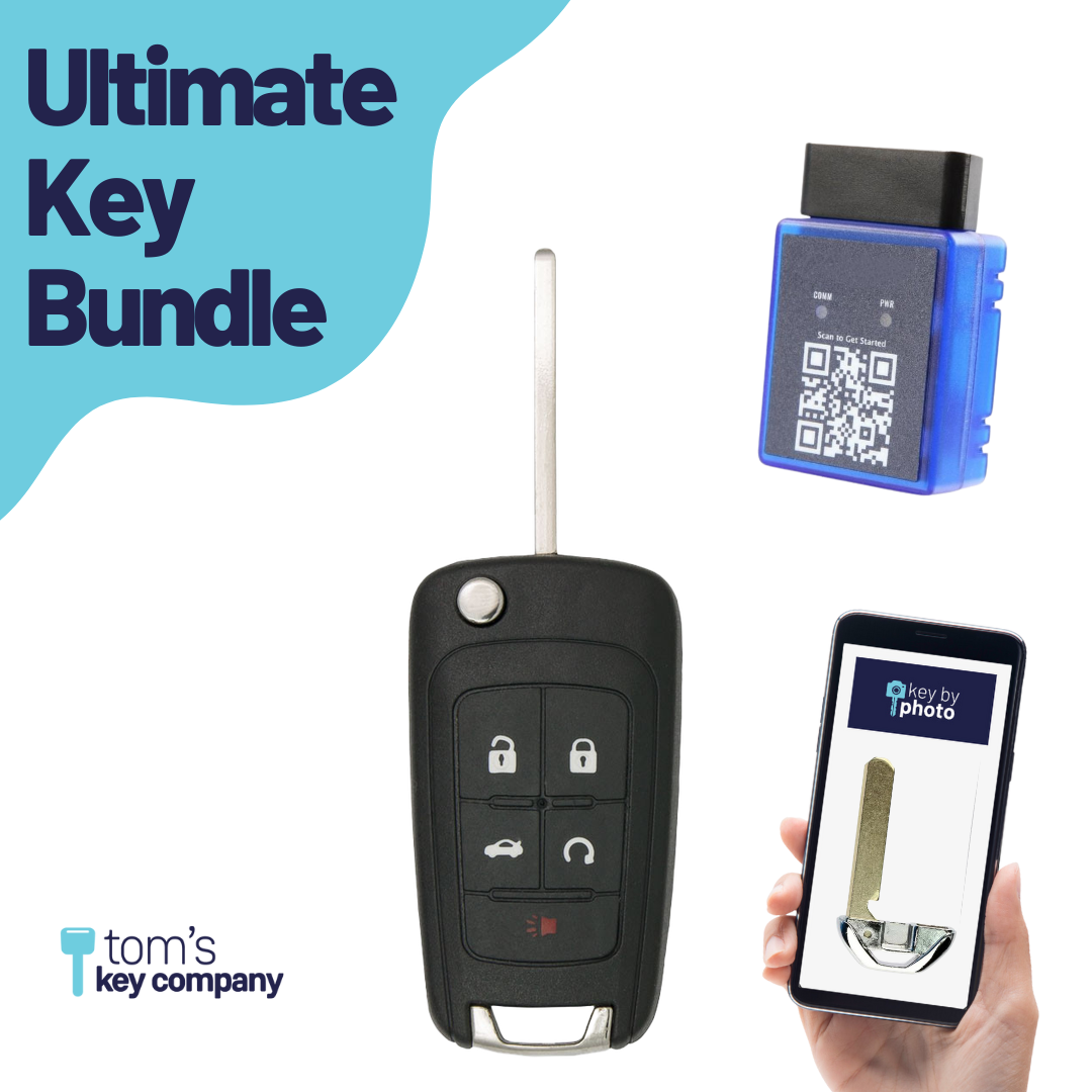 Ultimate Smart Key Bundle with Programming Tool, Refurbished 5-Button Smart Key Fob and Key By Photo for Select GMC Vehicles (BUISK-5B-TRUNK-RS-FK-UKB)