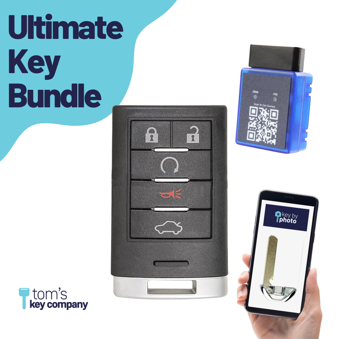 Ultimate Smart Key Bundle with Programming Tool, Refurbished 5-Button Smart Key Fob and Key By Photo for Select Cadillac Vehicles (CADSK-5B-145-K-UKB)