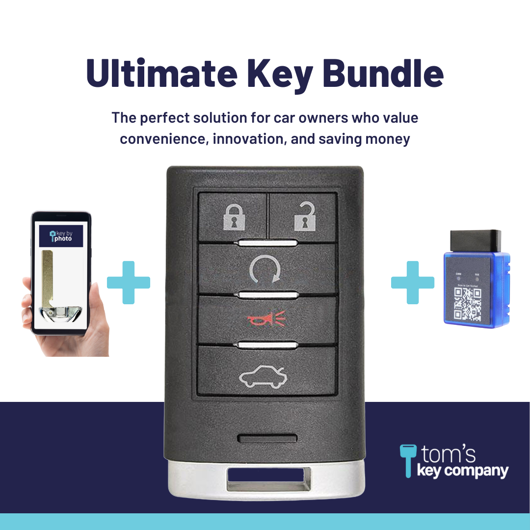 Ultimate Smart Key Bundle with Programming Tool, Refurbished 5-Button Smart Key Fob and Key By Photo for Select Cadillac Vehicles (CADSK-5B-145-K-UKB)