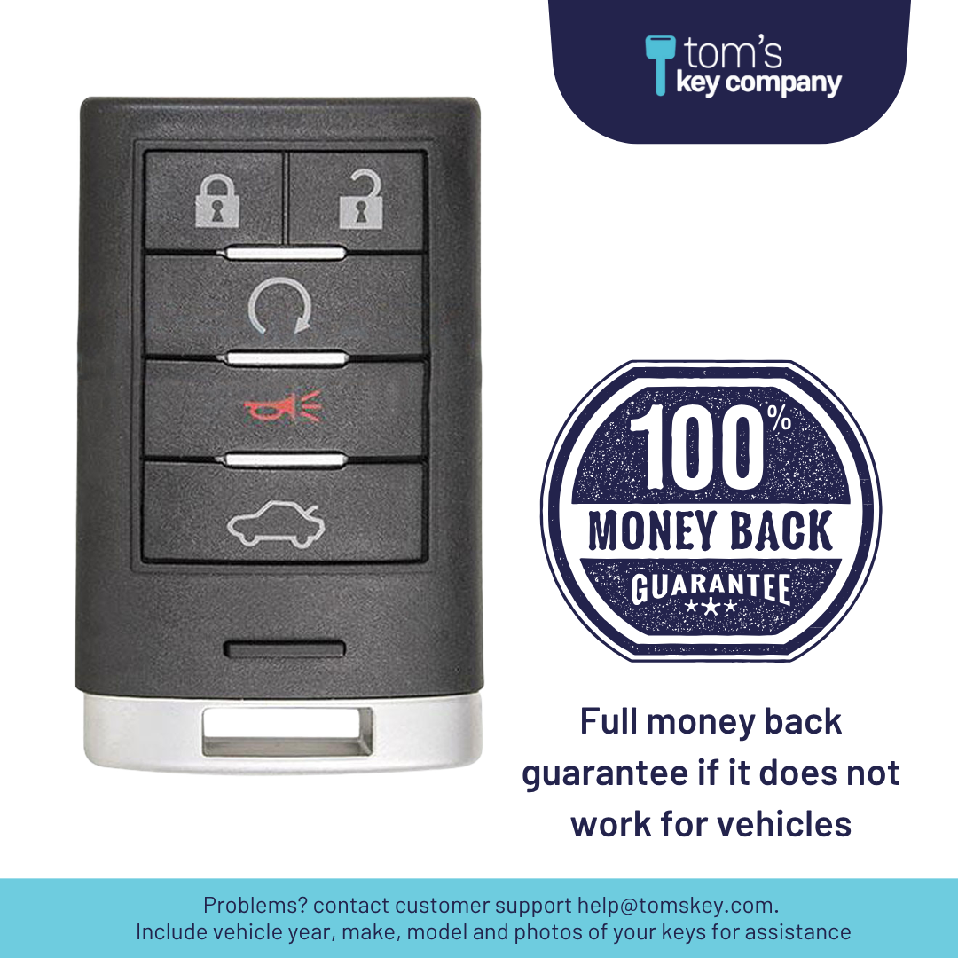 Like New Refurbished 5-Button Smart Key Fob with Lock, Unlock, Remote Start, Trunk, Panic for Select Cadillac Vehicles (CADSK-5B-145-K)