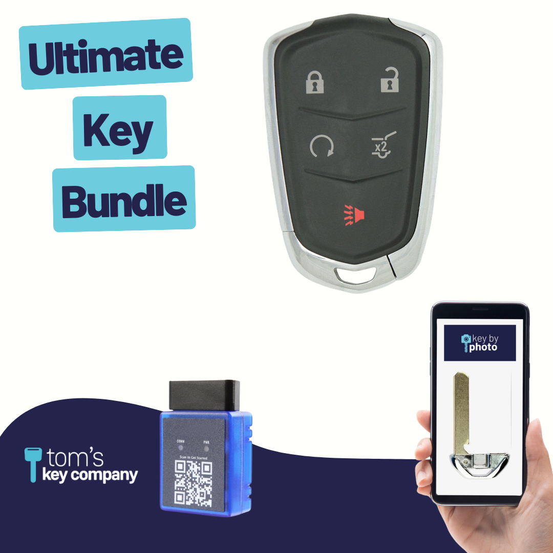 Ultimate Smart Key Bundle with Programming Tool, Refurbished 5-Button Smart Key Fob and Key By Photo for Select Cadillac Vehicles (CADSK-5B-174-K-UKB)