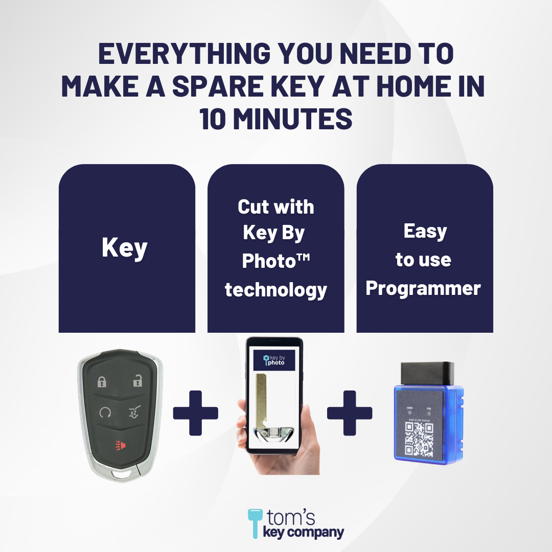 Ultimate Smart Key Bundle with Programming Tool, Refurbished 5-Button Smart Key Fob and Key By Photo for Select Cadillac Vehicles (CADSK-5B-174-K-UKB)