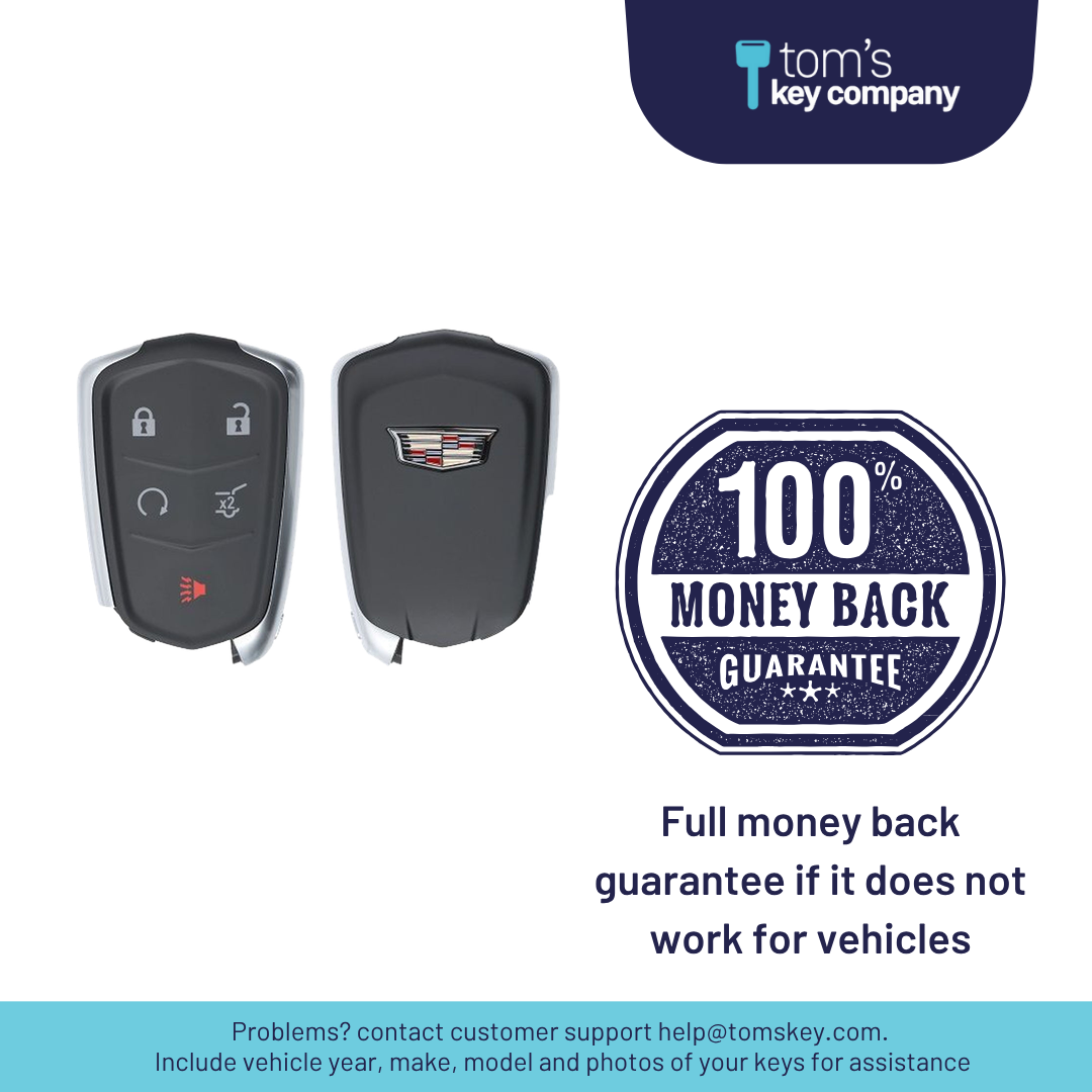 Like New Refurbished 5-Button Smart Key Fob with Lock, Unlock, Hatch, Remote Start, Panic for Select Cadillac Vehicles (CADSK-5B-HRRS-1185-REF-K)