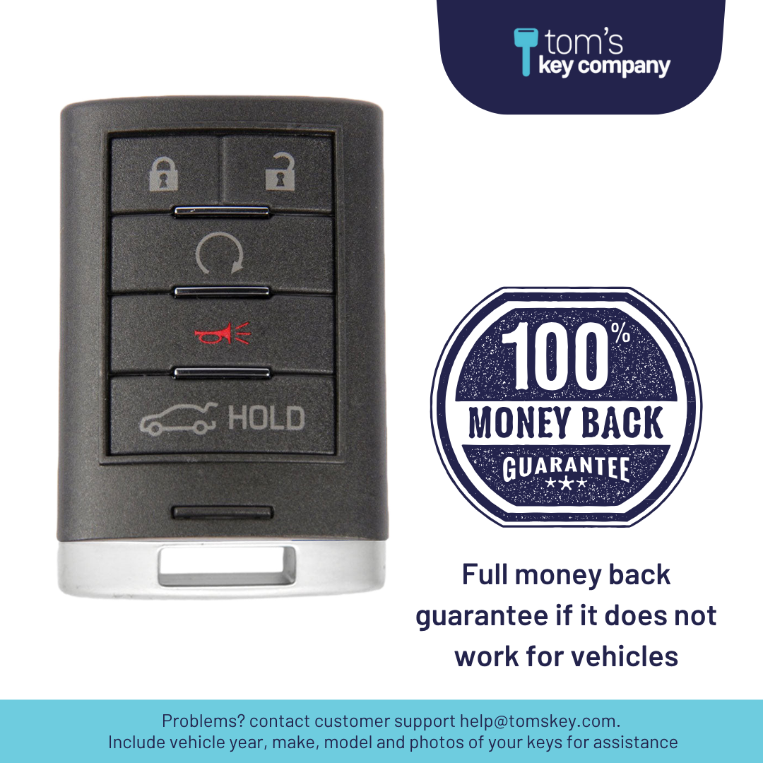 Like New Refurbished 5-Button Smart Key Fob with Lock, Unlock, Remote Start, Trunk Hold, Panic for Select Cadillac Vehicles (CADSK-5B-RSTR-116-K)