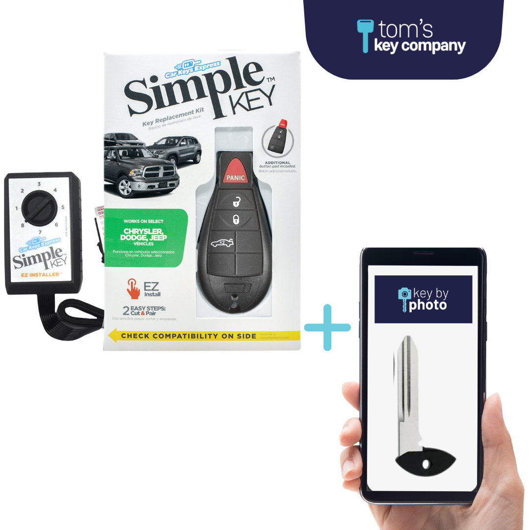 Ultimate Key Bundle DIY Car Key Replacement Kit with SimpleKey™ Programmer & Key By Photo™ Service | Chrysler, Dodge, Jeep, RAM, & Volkswagen 4-Button Non-Proximity FOBIK (CDFO-E4TZ0SK-KBP-UKB)