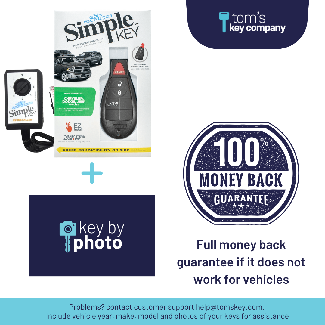 Ultimate Key Bundle DIY Car Key Replacement Kit with SimpleKey™ Programmer & Key By Photo™ Service | Chrysler, Dodge, Jeep, RAM, & Volkswagen 4-Button Non-Proximity FOBIK (CDFO-E4TZ0SK-KBP-UKB)