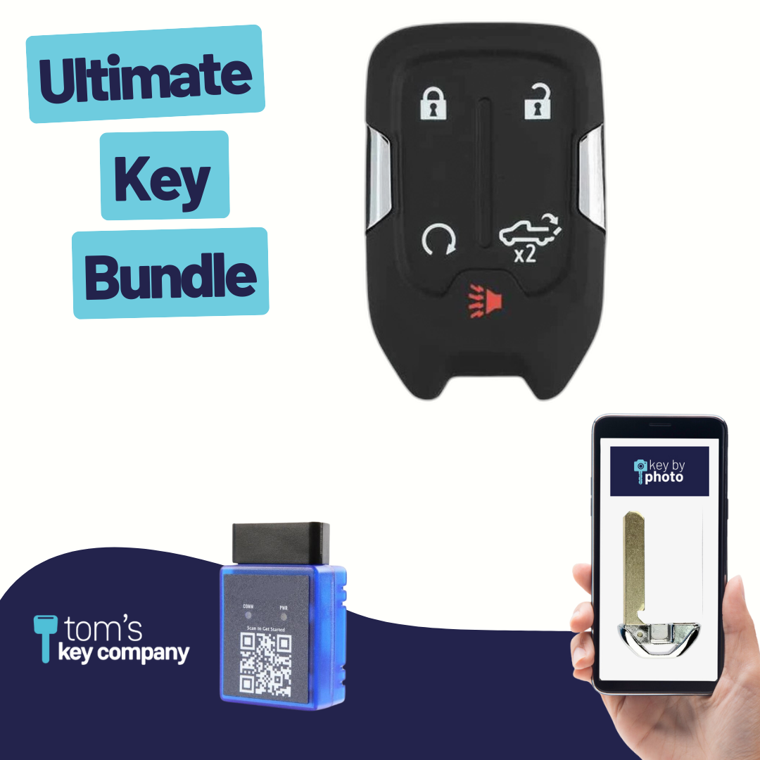 Ultimate Smart Key Bundle with Programming Tool, Aftermarket 5-Button Smart Key Fob and Key By Photo for Select GMC Vehicles (CHEVSK-5B-TG-HYQ1EA-SLVRDO-UKB)