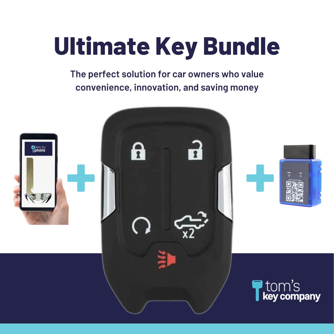 Ultimate Smart Key Bundle with Programming Tool, Aftermarket 5-Button Smart Key Fob and Key By Photo for Select GMC Vehicles (CHEVSK-5B-TG-HYQ1EA-SLVRDO-UKB)