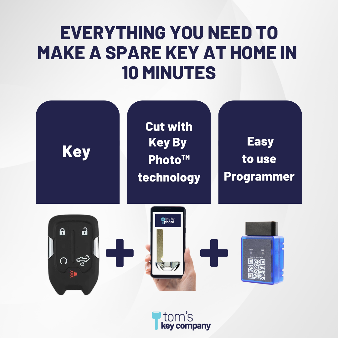 Ultimate Smart Key Bundle with Programming Tool, Aftermarket 5-Button Smart Key Fob and Key By Photo for Select GMC Vehicles (CHEVSK-5B-TG-HYQ1EA-SLVRDO-UKB)