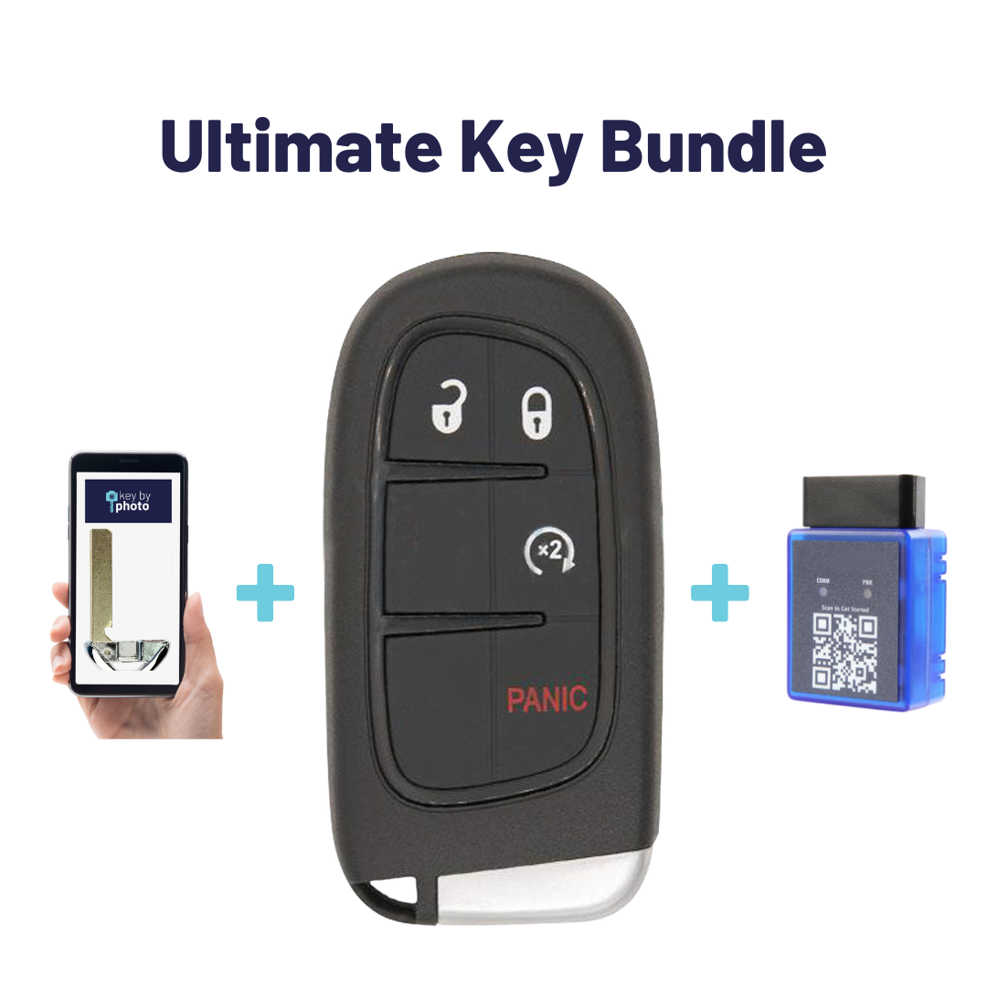 Ultimate Smart Key Bundle with Programming Tool, Refurbished 4-Button Smart Key Fob and Key By Photo for Select Dodge and RAM Vehicles (DODSK-4B-607-K-UKB)