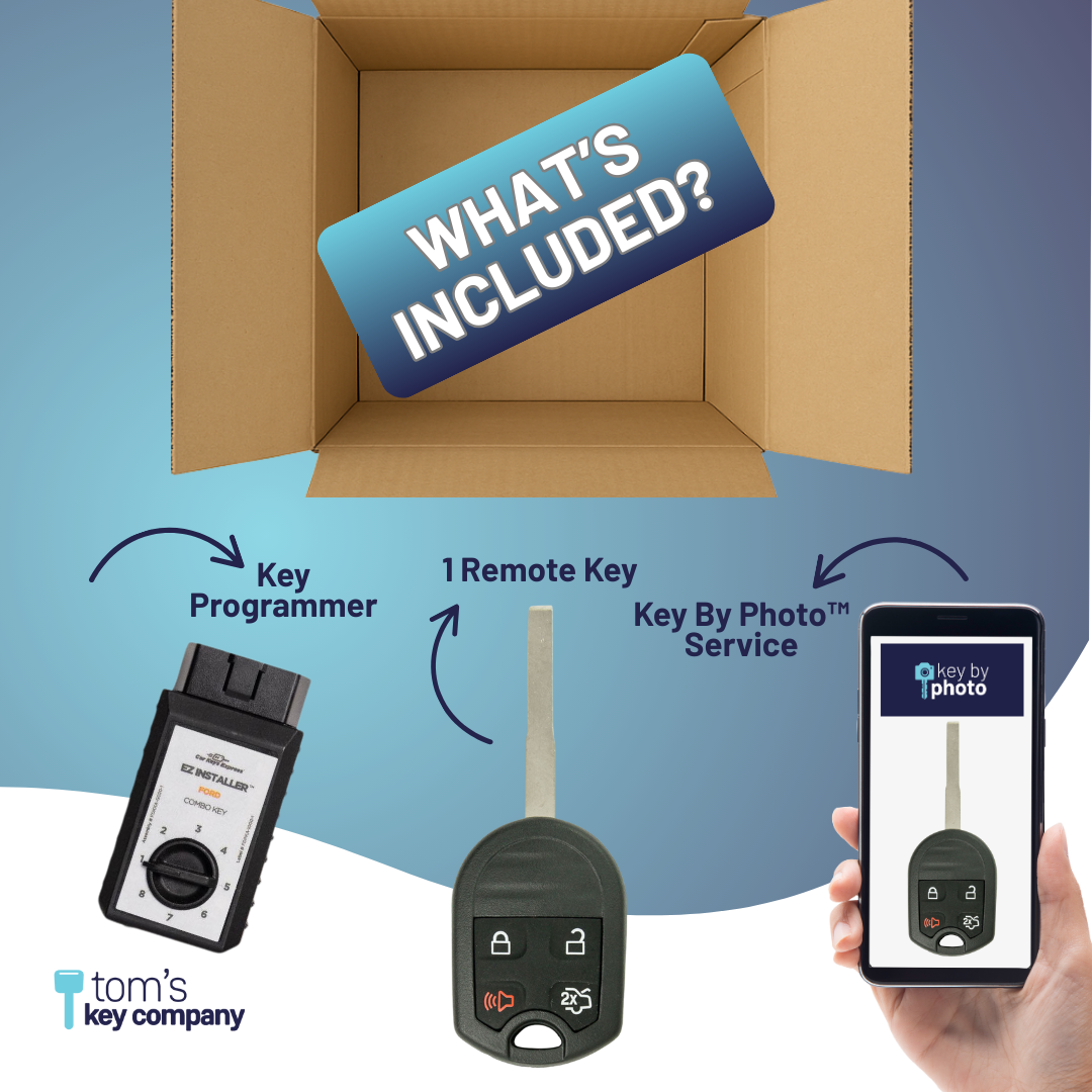 Ultimate Key Bundle DIY Car Key Replacement Kit with SimpleKey™ Programmer & Key By Photo™ Service | Select Ford Vehicle with 4 Button Remote Key with Trunk Release Feature, High Security Blade (FORRK4HSSK-KBP-UKB)