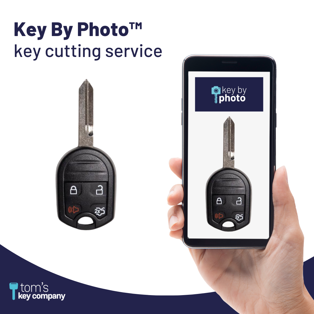 Key cutting service advertisement with a phone displaying the 'Key By Photo' app and a physical key fob.