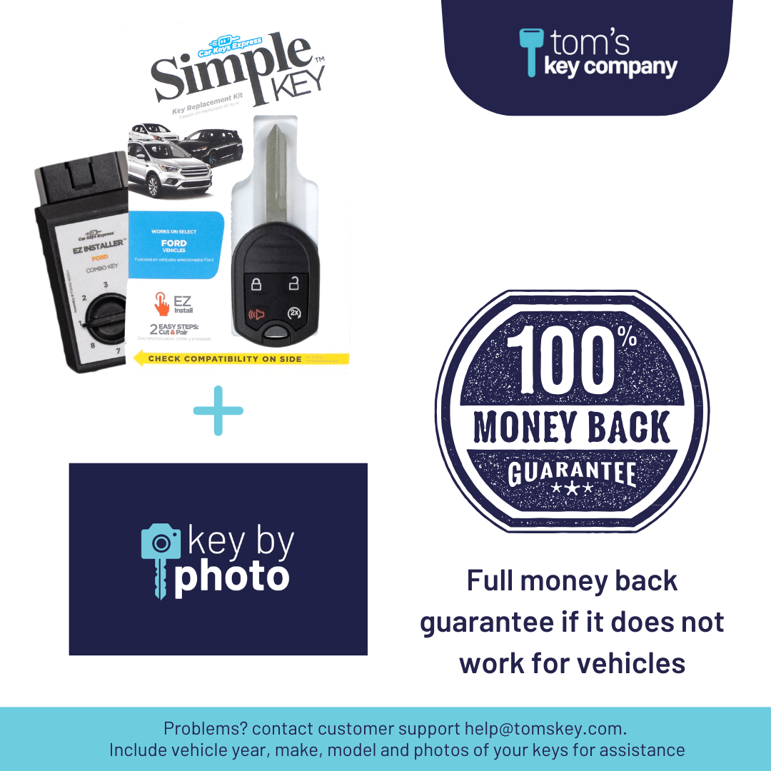 Promotional graphic for key programming services with 'Simple Key', 'Tom's Key Company', and 'Key by Photo' branding.