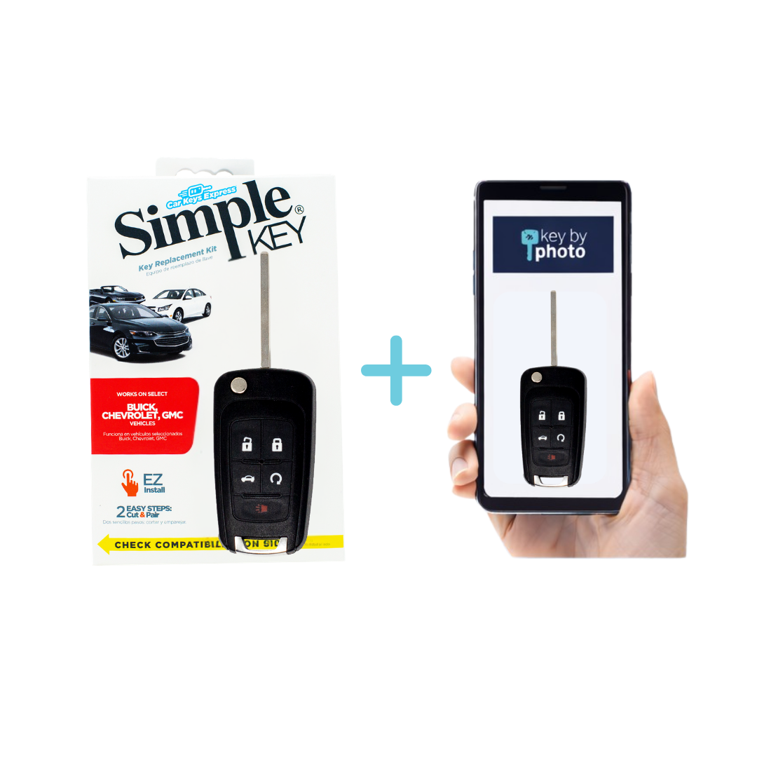 Ultimate Key Bundle DIY Car Key Replacement Kit with SimpleKey™ Programmer & Key By Photo™ Service | Select Buick, Chevrolet & GMC Vehicle with 5 Button Remote Key with Trunk Release Feature, High Security Blade (GMFK5TRSSK-KBP-UKB)