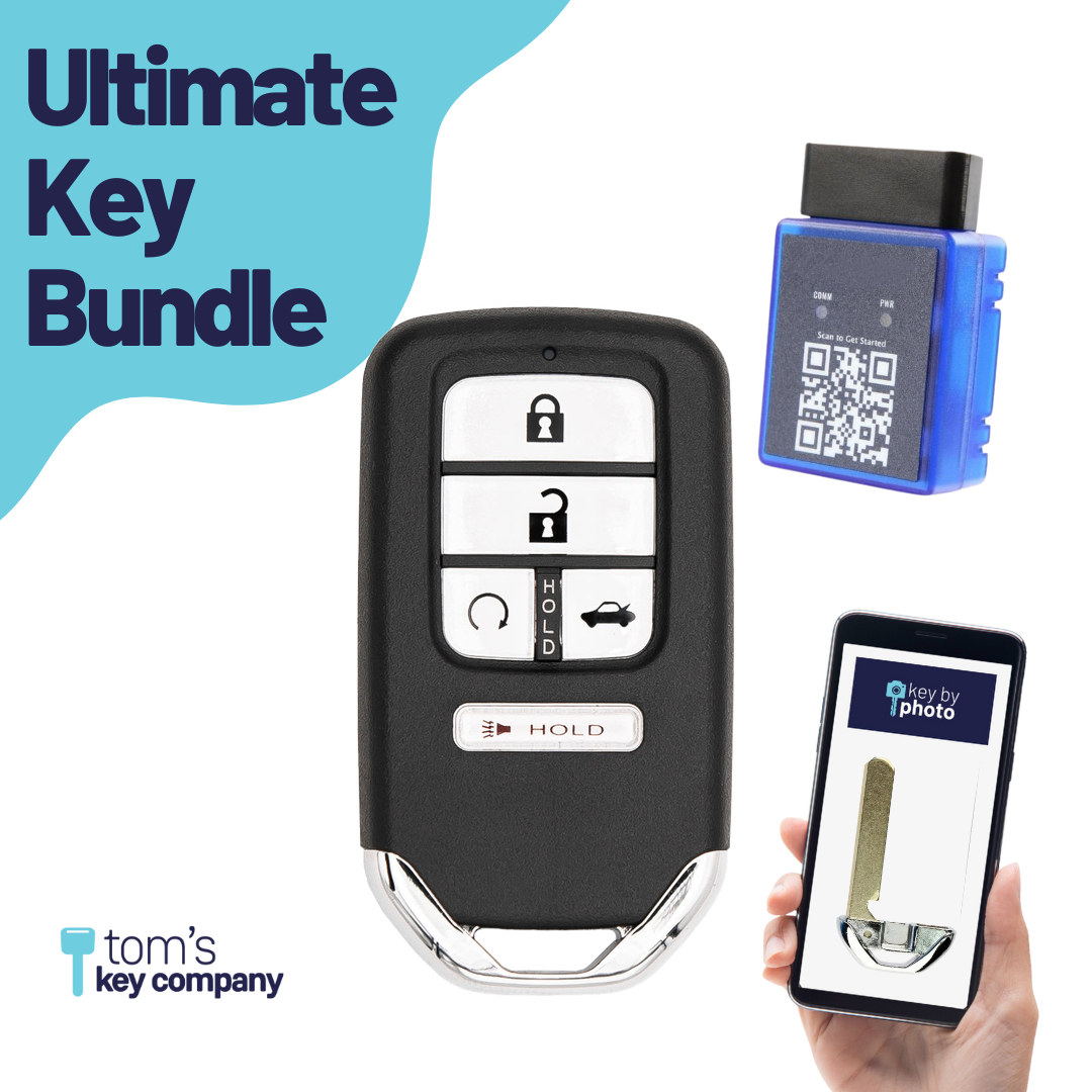 Ultimate Smart Key Bundle with Programming Tool, Aftermarket 5-Button Smart Key Fob and Key By Photo for Select Honda Vehicles (HONSK-5B-TRS-CWTW-UKB)