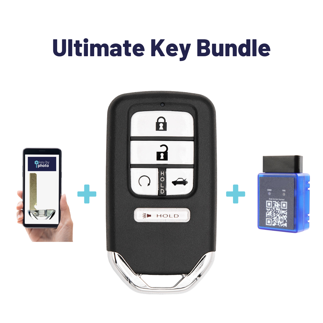 Ultimate Smart Key Bundle with Programming Tool, Aftermarket 5-Button Smart Key Fob and Key By Photo for Select Honda Vehicles (HONSK-5B-TRS-CWTW-UKB)
