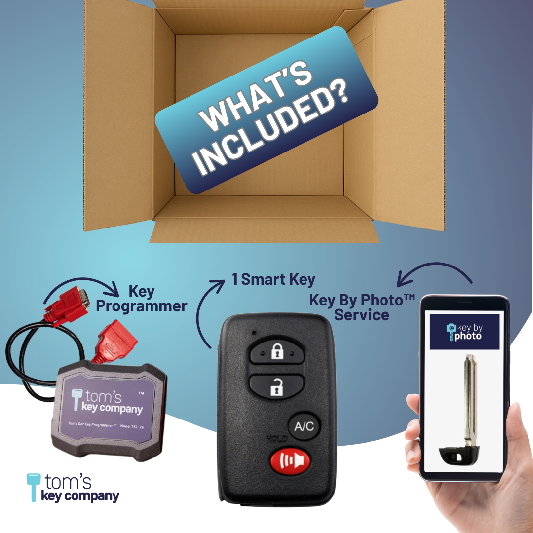 Ultimate Key Bundle DIY Car Key Replacement Kit with Tom’s Car Key Programmer™ & Key By Photo™ Service | Select Toyota Vehicle with 4 Button Smart Key with A/C Button (HYQ14ACX-4B-A/C-GNE-5290-TSL-KBP-UKB)