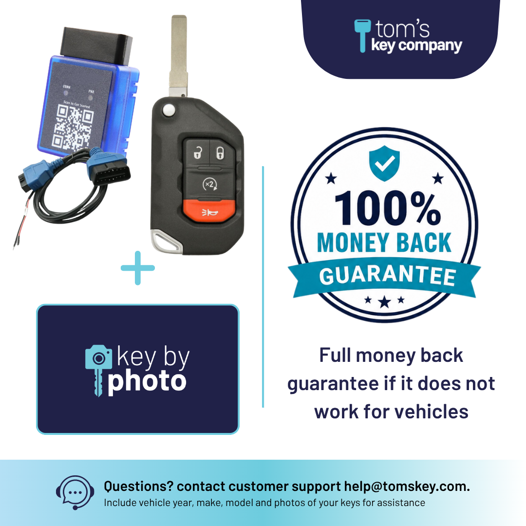 Ultimate DIY Car Key Replacement Kit for Jeep Gladiator (2020-2025) & Jeep Wrangler (2018-2025) – 4 Button Smart Key w/ PairMyKey, Bypass Cable & Key by Photo (JEEPFK-4B-RS-PROX-BC-KBP-UKB)