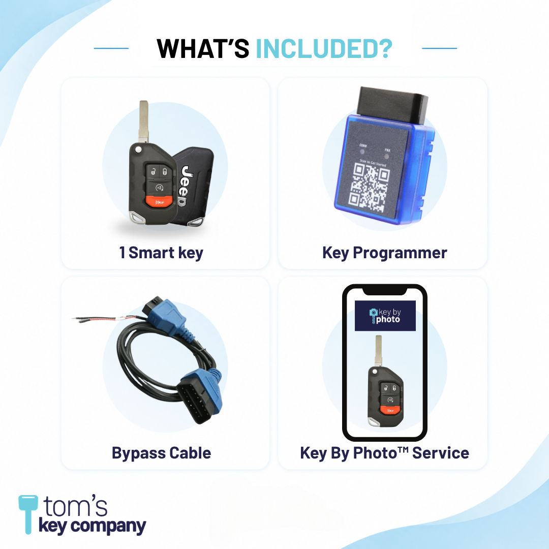 Ultimate DIY Car Key Replacement Kit for Jeep Gladiator (2020-2025) & Jeep Wrangler (2018-2025) – 4 Button with Remote Start Like New Refurbished OEM Smart Key w/ PairMyKey, Bypass Cable & Key by Photo (JEEPFK-4B-RS-REFURB-PROX-BC-KBP-UKB)