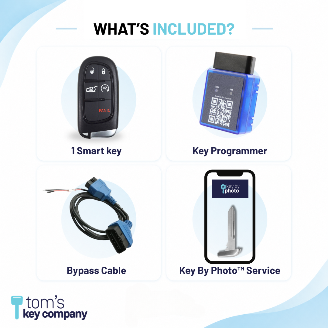 Ultimate DIY Car Key Replacement Kit for Jeep Cherokee (2019-2023) – 5 Button Like New Refurbished OEM Smart Key w/ Remote Start and Hatch Release w/ PairMyKey, Bypass Cable & Key by Photo