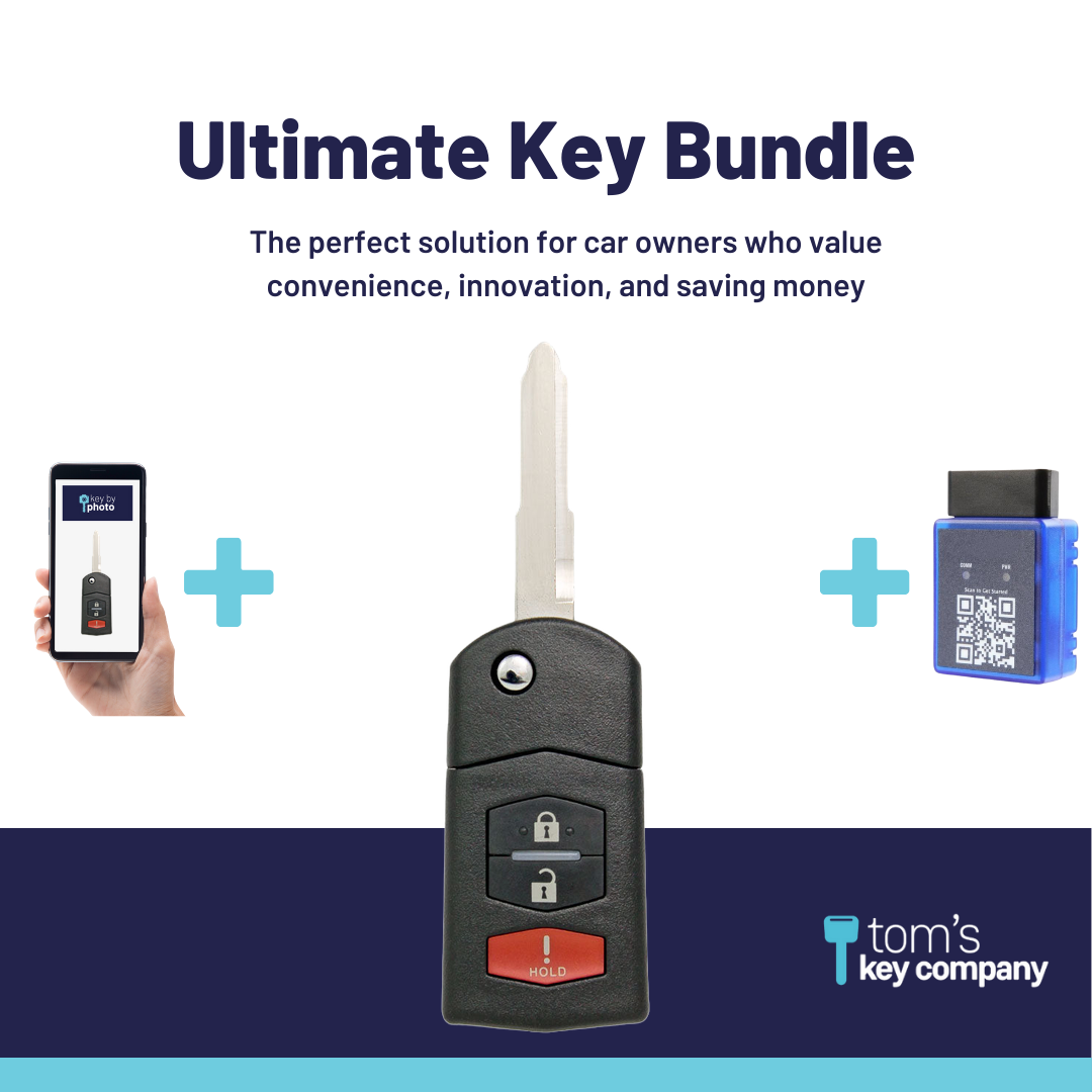 Ultimate Remote Key Bundle with Programming Tool, Aftermarket 3-Button Remote Key and Key By Photo for Select Mazda Vehicles (MAZCK-3B-322-K-UKB)