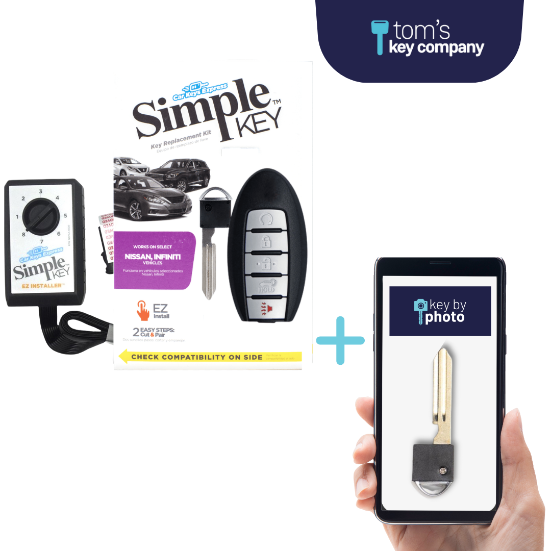 Ultimate Key Bundle DIY Car Key Replacement Kit with SimpleKey™ Programmer & Key By Photo™ Service | Select Nissan and INFINITI Vehicle with 5 Button Smart Key with Remote Start and Trunk Release Feature (NISK-E5TRZ0SK-KBP-UKB)