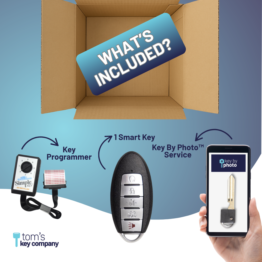 Ultimate Key Bundle DIY Car Key Replacement Kit with SimpleKey™ Programmer & Key By Photo™ Service | Select Nissan and INFINITI Vehicle with 5 Button Smart Key with Remote Start and Trunk Release Feature (NISK-E5TRZ0SK-KBP-UKB)