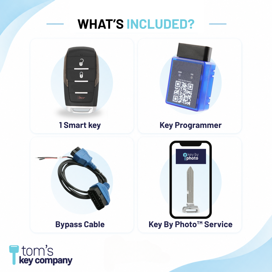 Ultimate DIY Car Key Replacement Kit for RAM 1500 (2019-2024) – 3 Button Smart Key w/ PairMyKey, Bypass Cable & Key by Photo (RAM-OHT-3B-3B-PMKA-BC-KBP-UKB)