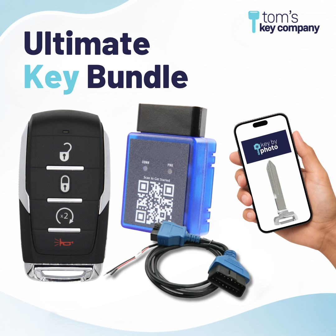 Ultimate DIY Car Key Replacement Kit for RAM 1500 (2019-2024) – 4 Button Smart Key with Remote Start w/ PairMyKey, Bypass Cable & Key by Photo (RAM-OHT-4B-RS-TMB-PMKA-BC-KBP-UKB)