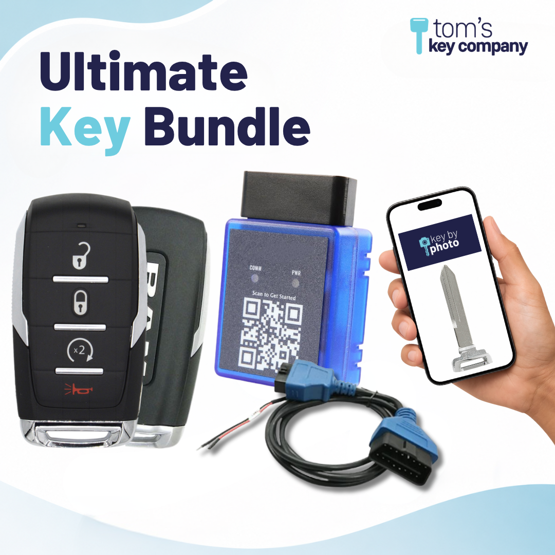 Ultimate DIY Car Key Replacement Kit for RAM 1500 (2019-2024) – 4 Button Like New Refurbished OEM Smart Key with Remote Start w/ PairMyKey, Bypass Cable & Key by Photo (RAM-OHT-4B-RS-TMB-REFURB-BC-KBP-UKB)
