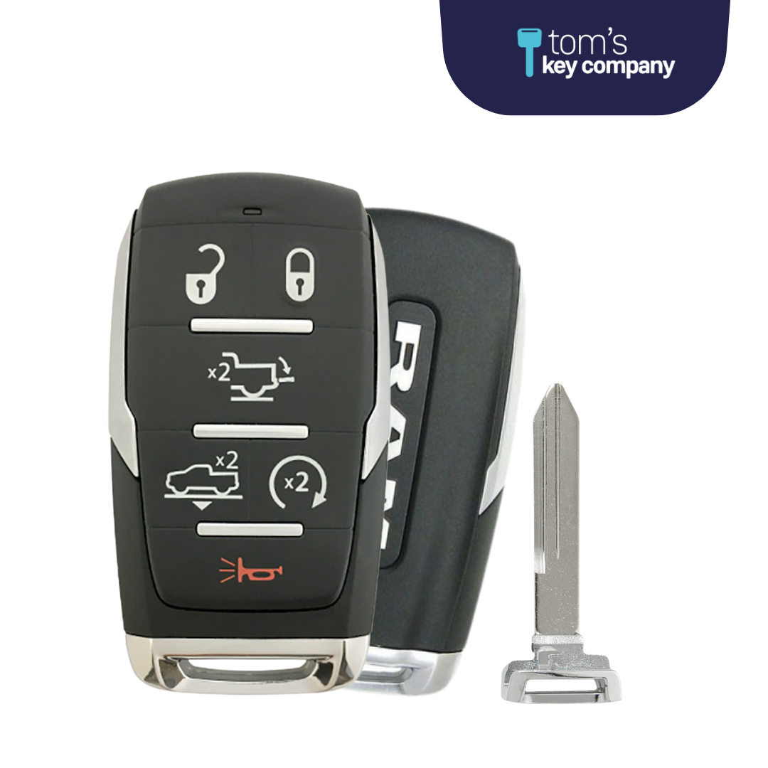 Brand New OEM 6 Button Smart Key with Air Suspension, Tailgate, Remote Start for Select RAM Vehicles (RAM-OHT-6B-ASRST-TMB-OEM)