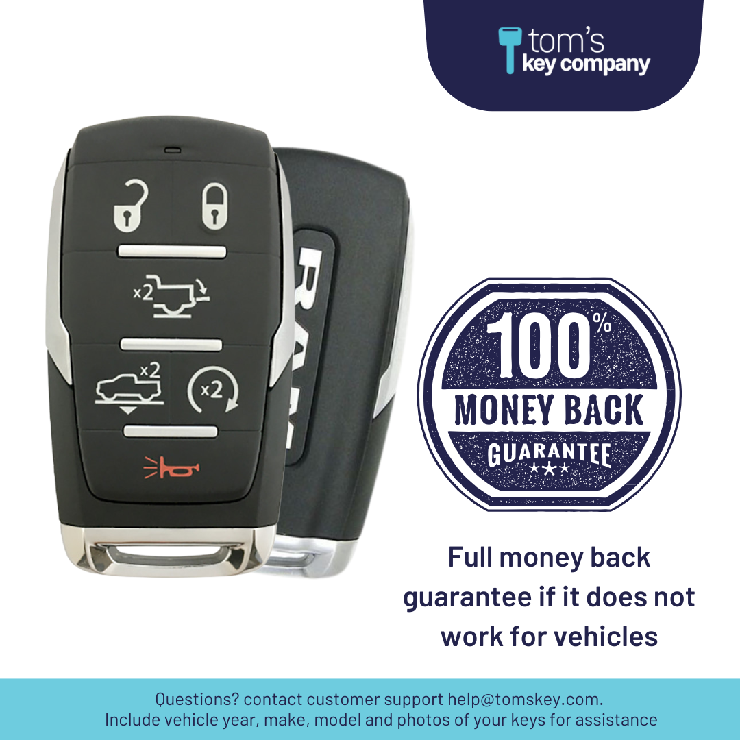 Brand New OEM 6 Button Smart Key with Air Suspension, Tailgate, Remote Start for Select RAM Vehicles (RAM-OHT-6B-ASRST-TMB-OEM)
