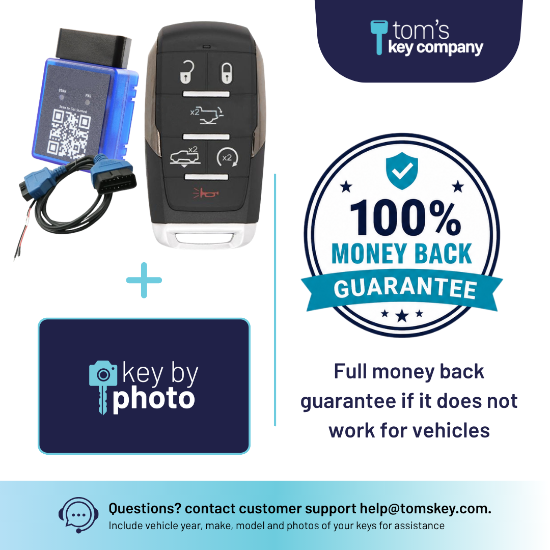 Ultimate DIY Car Key Replacement Kit for RAM 1500 (2019-2024) – Aftermarket 6-Button with Air Suspension, Tailgate, Remote Start w/ PairMyKey, Bypass Cable & Key by Photo (RAM-OHT-6B-ASRST-TMB-PMKA-BC-KBP-UKB)