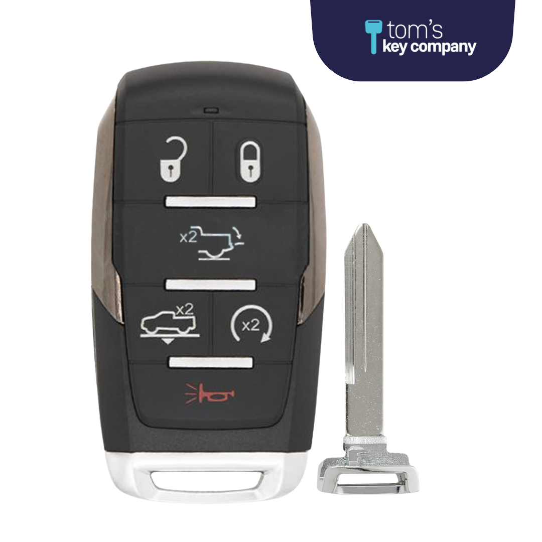 Brand New Aftermarket Smart Key 6-Button with Air Suspension, Tailgate, Remote Start for Select RAM Vehicles (RAM-OHT-6B-ASRST-TMB)