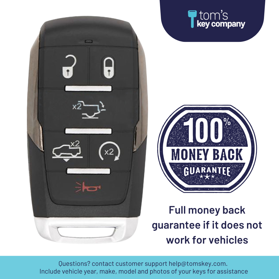 Brand New Aftermarket Smart Key 6-Button with Air Suspension, Tailgate, Remote Start for Select RAM Vehicles (RAM-OHT-6B-ASRST-TMB)