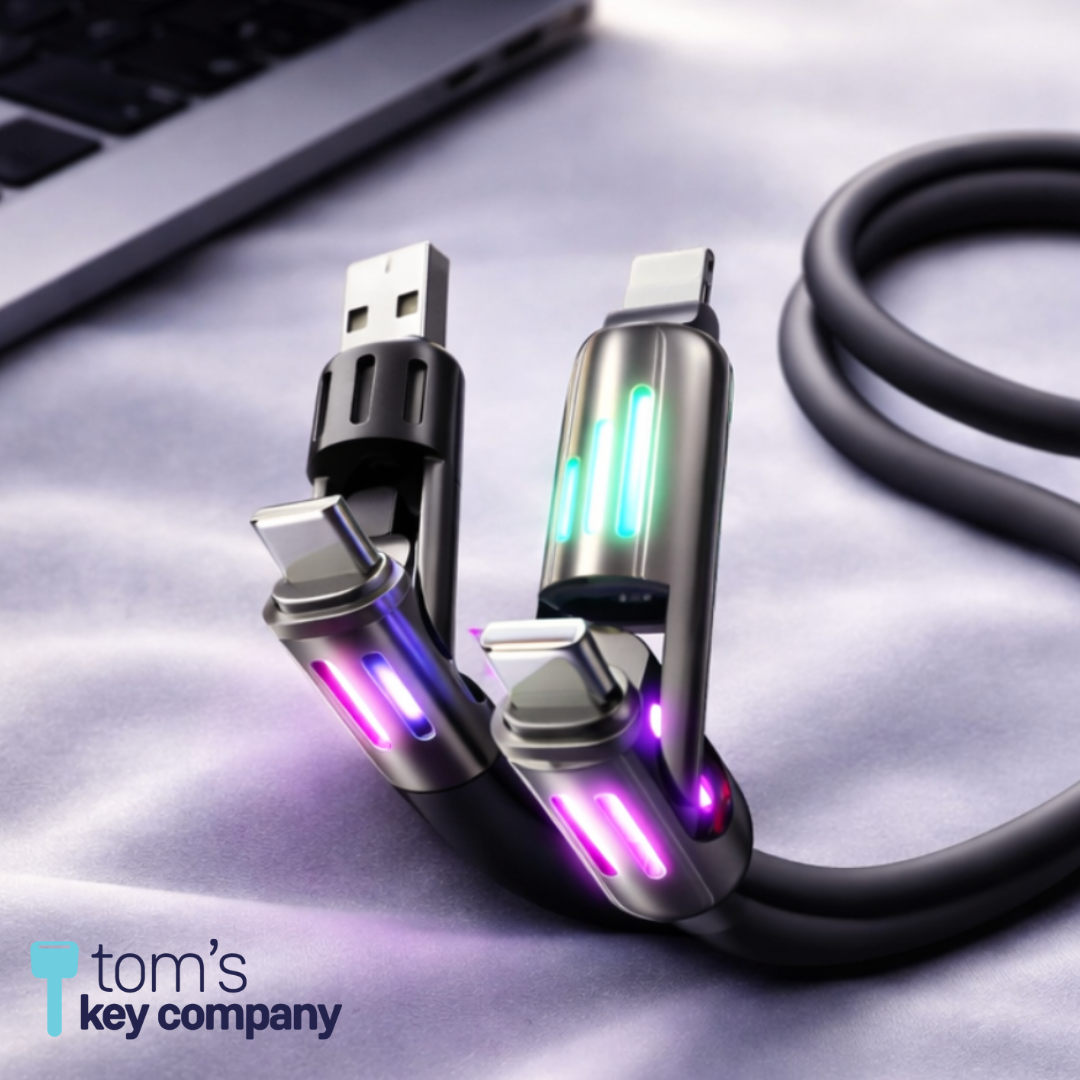 Premium 4-Way Universal Charging Cable – Heavy-Duty 6ft LED Power Cable (USB-A, USB-C, Lightning)