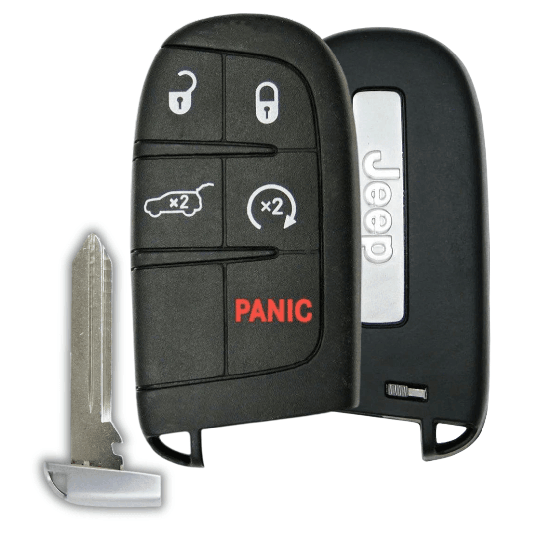 Like New Refurbished OEM 5 Button Smart Key with Logo with Remote Start and Hatch Release for Jeep Grand Cherokee Vehicles (JEEPSK-REFURB-5B-RS-HR-M3N-TMB)