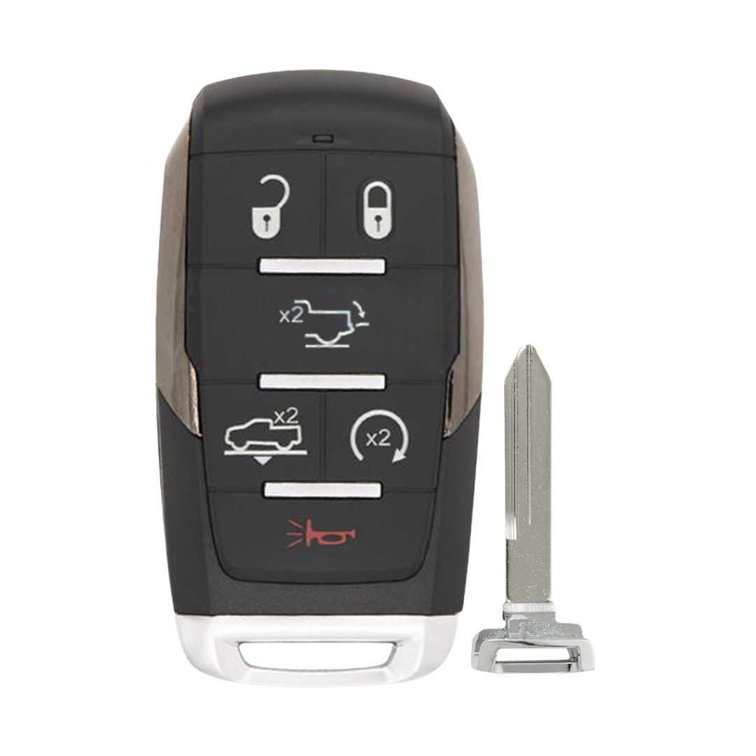 Brand New Aftermarket Smart Key 6-Button with Air Suspension, Tailgate, Remote Start for Select RAM Vehicles (RAM-OHT-6B-ASRST-TMB)