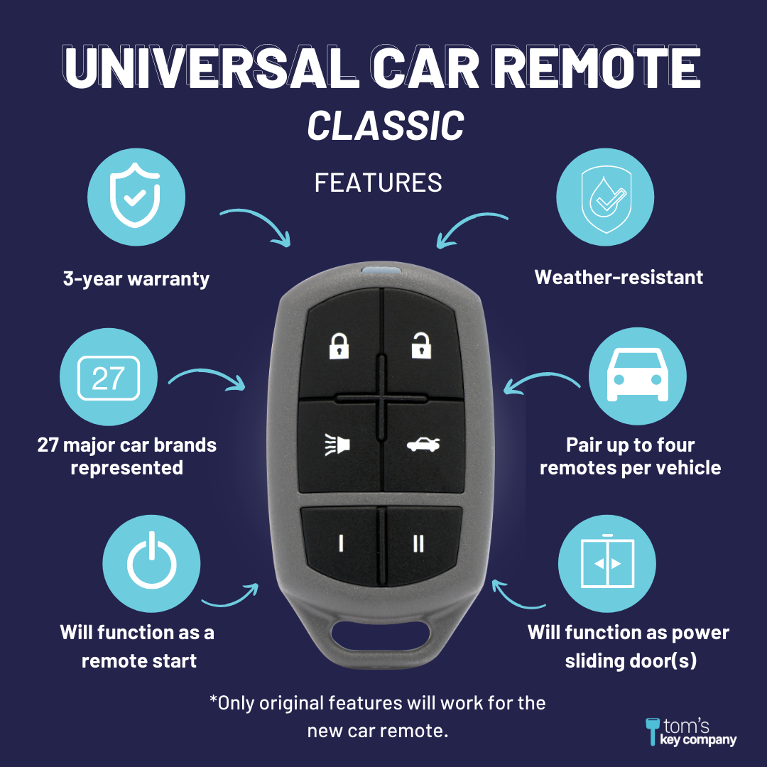 Classic Replacement Car Remote for Hundreds of Vehicles, Bundle with Fob and Keyring (UNRM-60-Classic-Univ-Remote-6B-BNDL) - Tom's Key Company